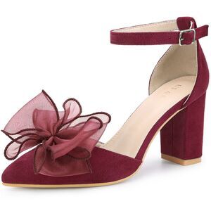 Bow Knot Pointed Toe Block Heel Pumps Burgundy